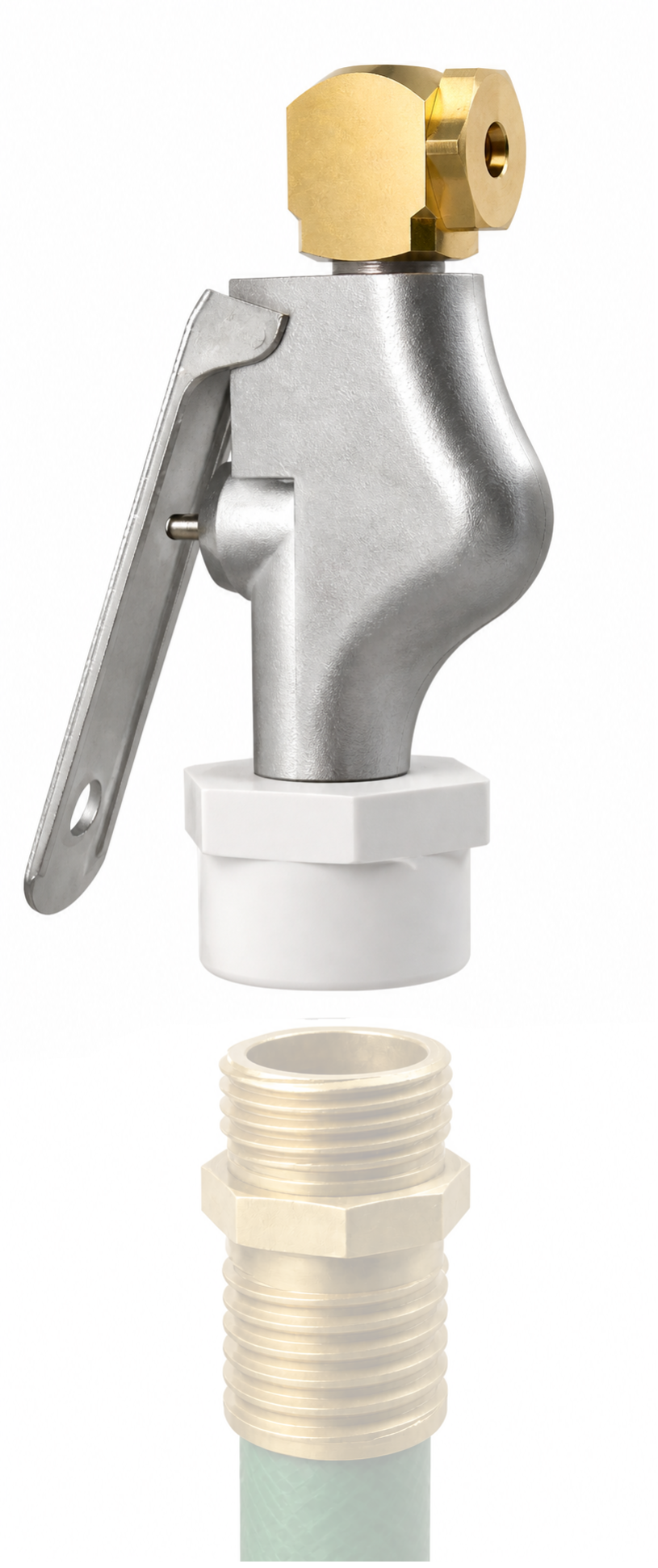 Exploded assembly render of the brass nozzle, zinc lever valve, plastic fitting, and garden hose
