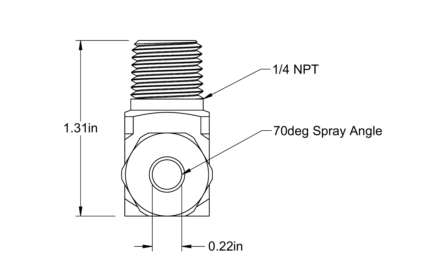 Engineering drawing of the brass right-angle hollow-cone spray nozzle