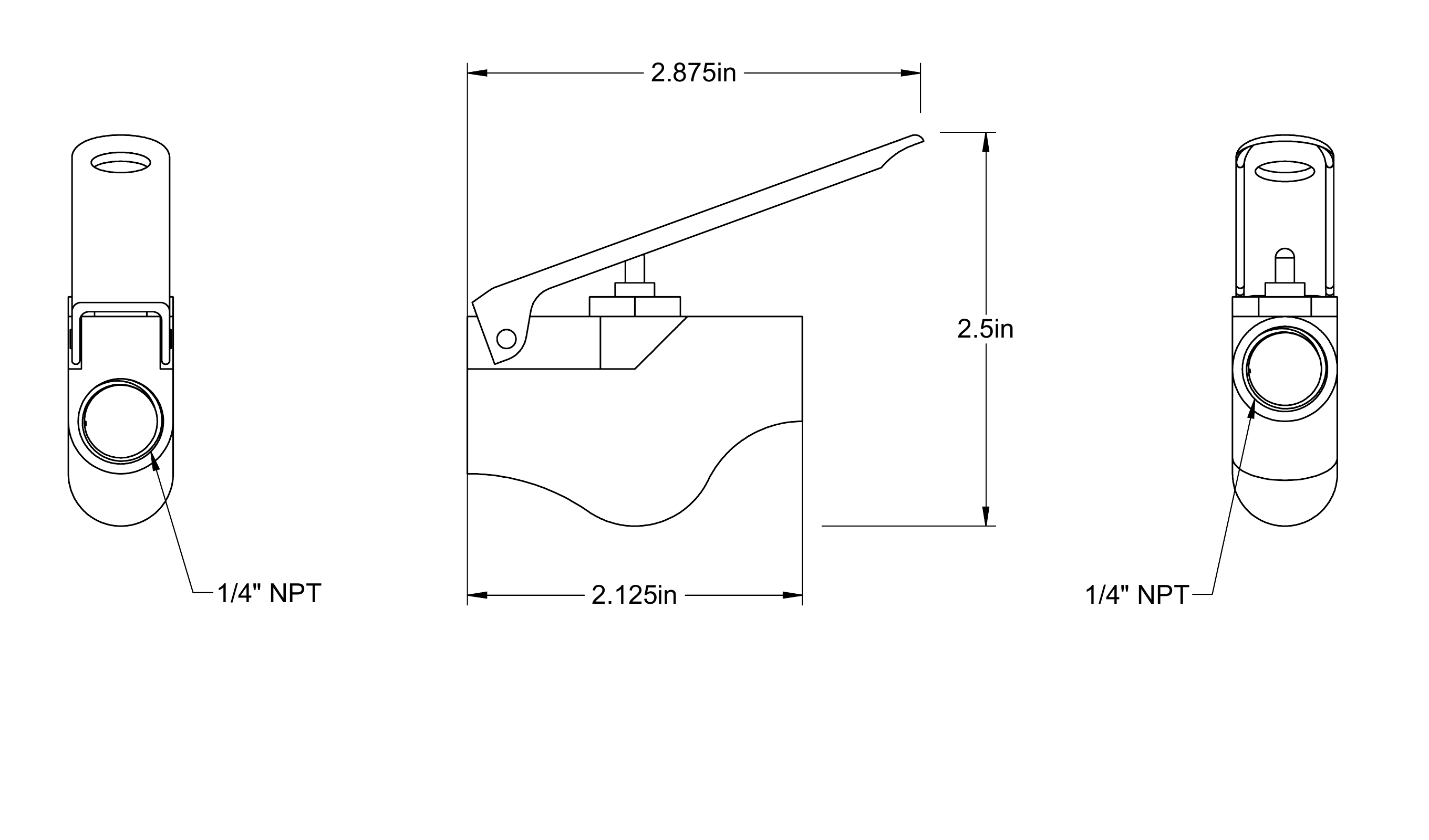 Engineering drawing of the zinc snap-shut on-off valve with lever