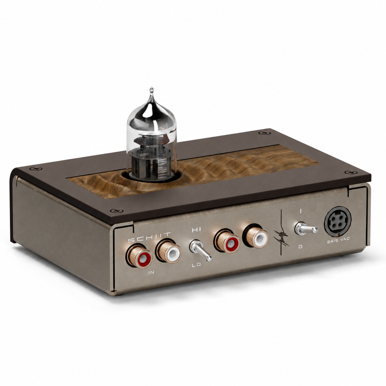 Vacuum-tube amplifier with a dark metal case, wood panel, and front controls