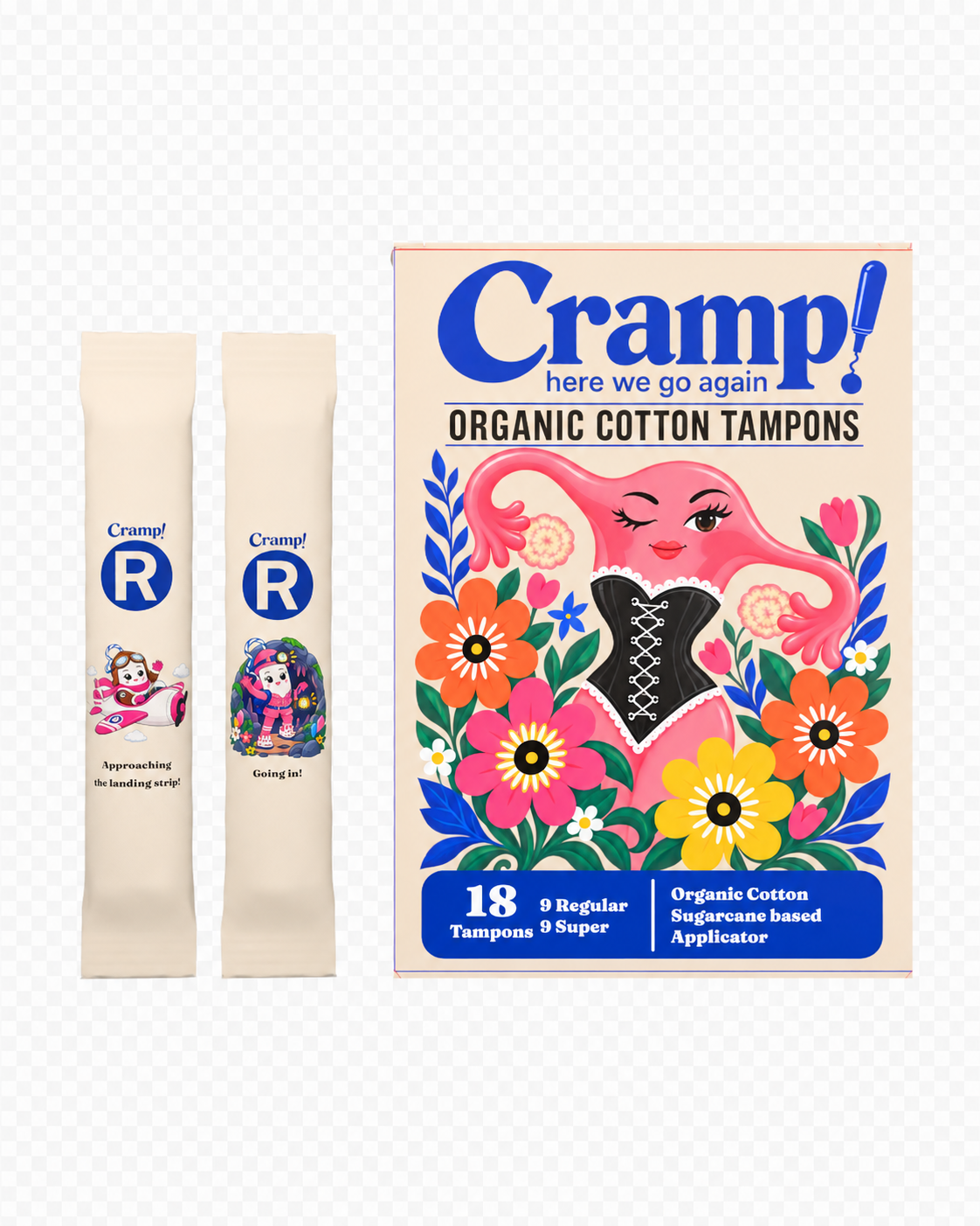 Cramp organic cotton tampon packaging with two wrapped applicators