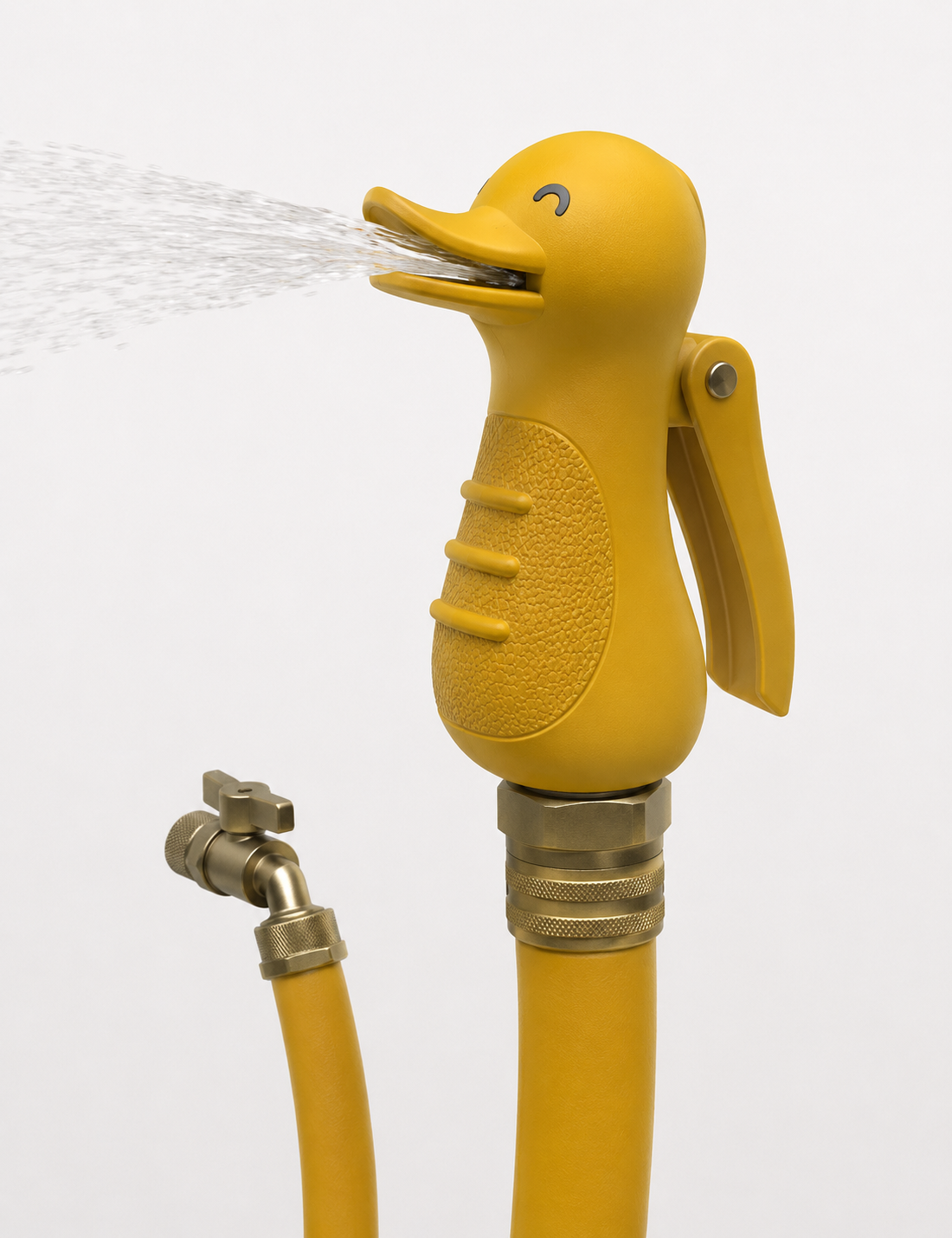 Yellow duck-shaped garden hose and shower head spraying water