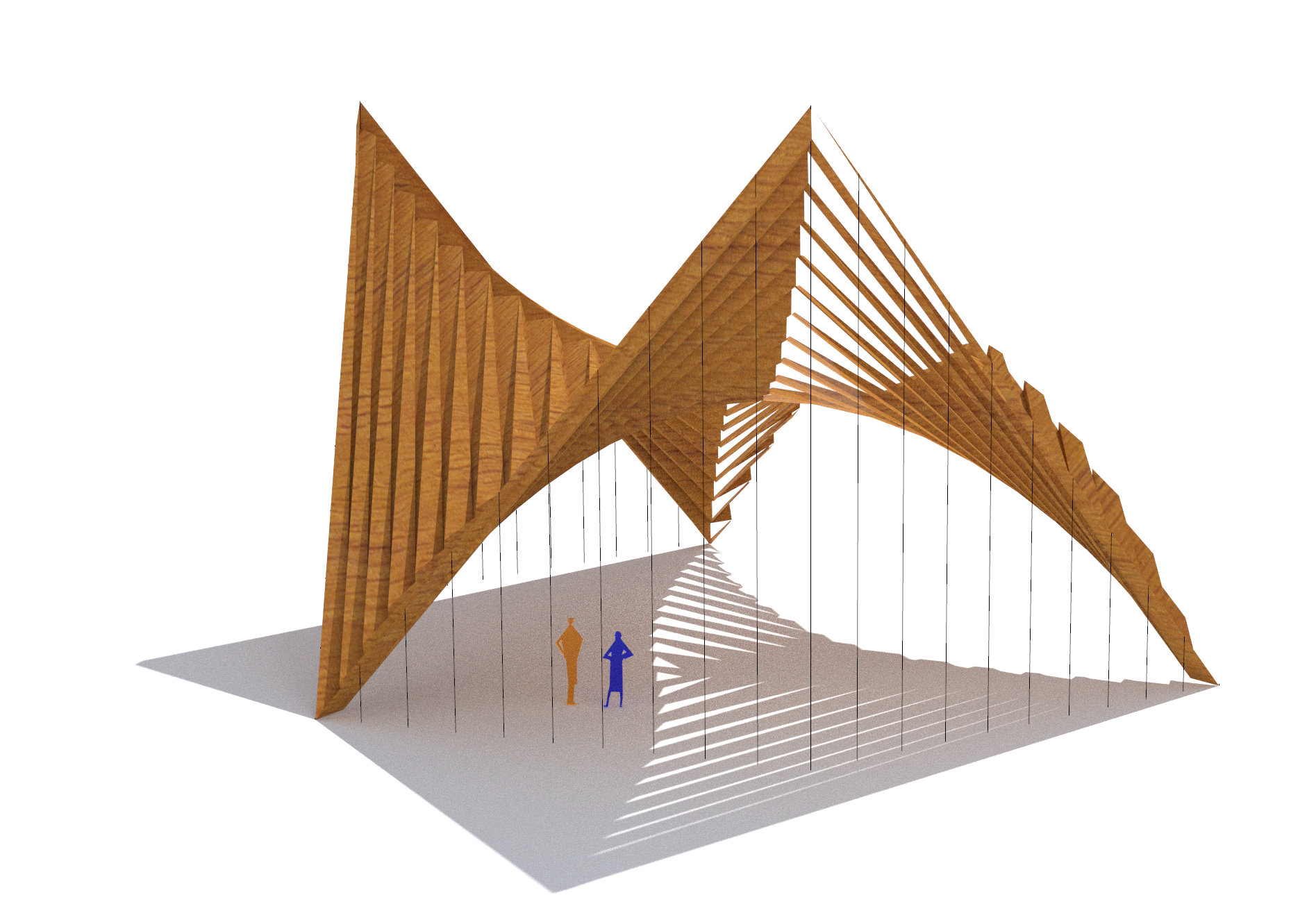 Wood-and-string origami pavilion with small figures for scale