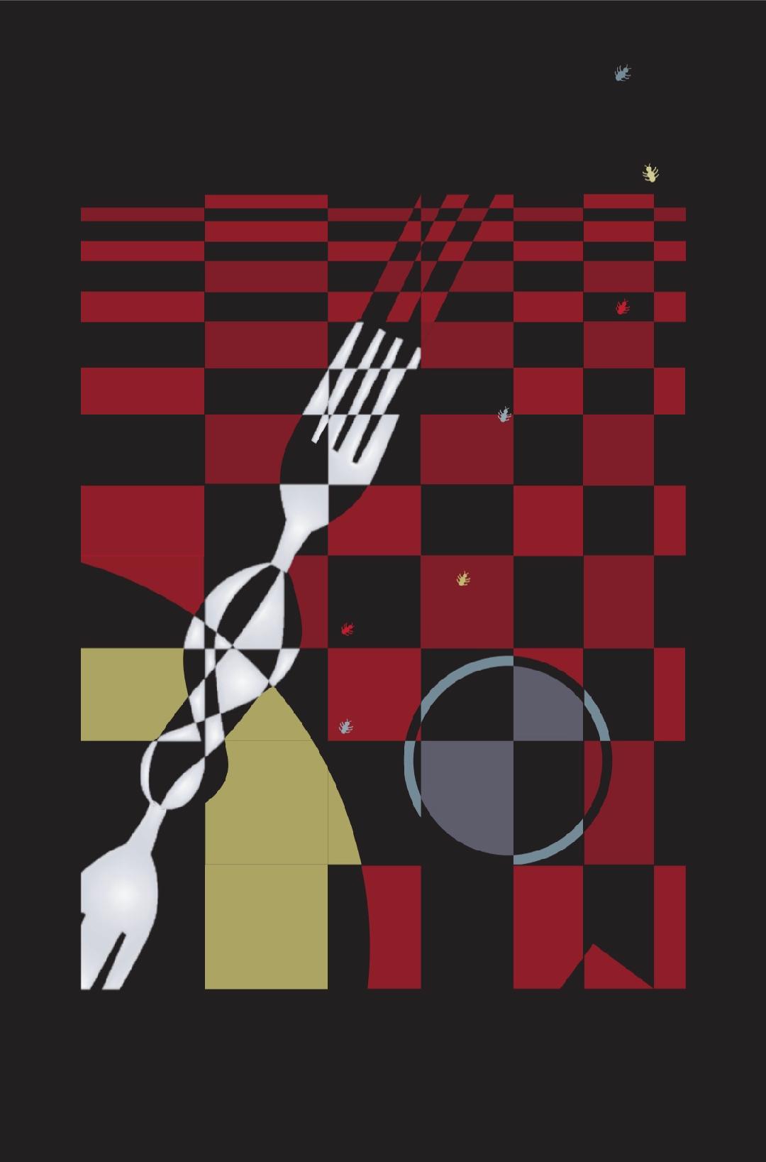 Graphic study of a fork in red, black, and yellow