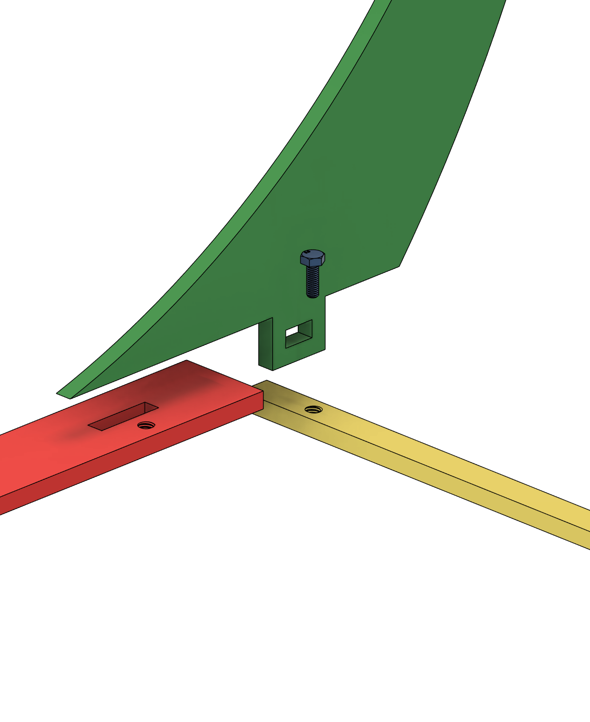 Three-piece reinforced locking joint in green, red, and yellow