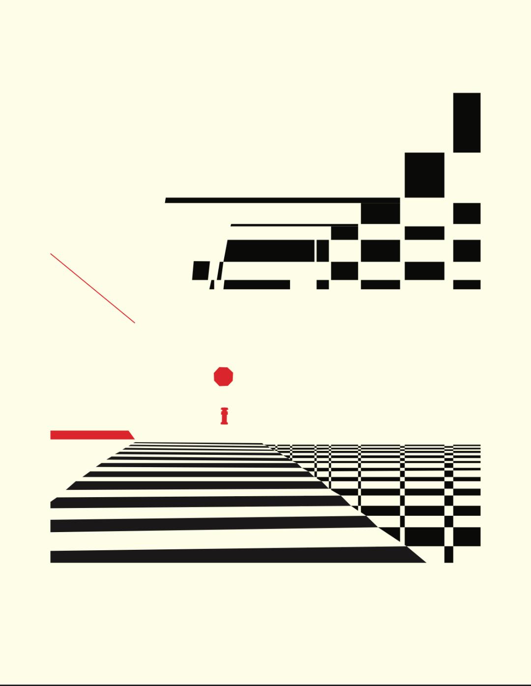 Graphic black-and-white street study with a red marker