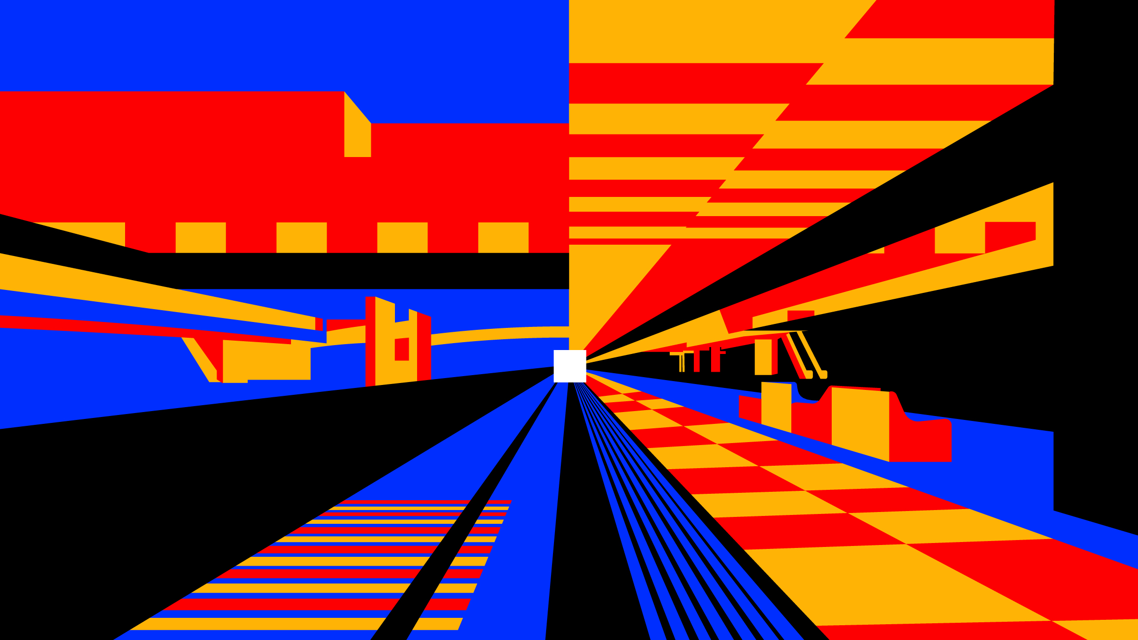 Graphic perspective study in blue, red, yellow, and black